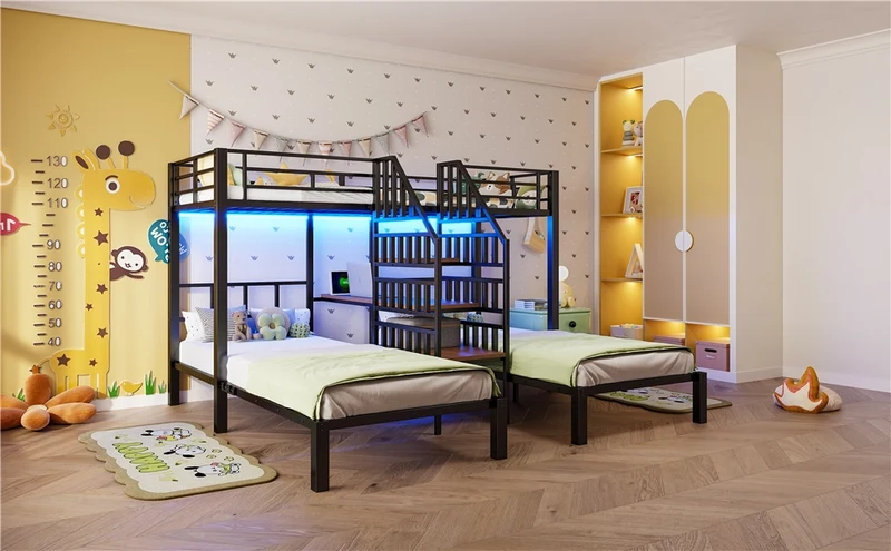Letto a castello triplo 90x200 cm con scrivania integrata; LED; scala contenitore e struttura nera