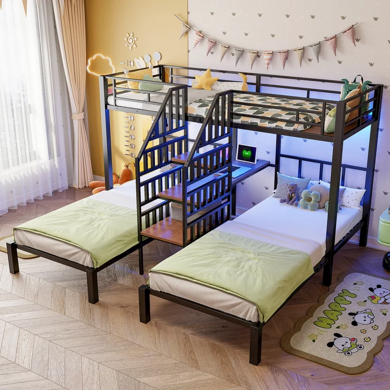 Letto a castello triplo 90x200 cm con scrivania integrata; LED; scala contenitore e struttura nera