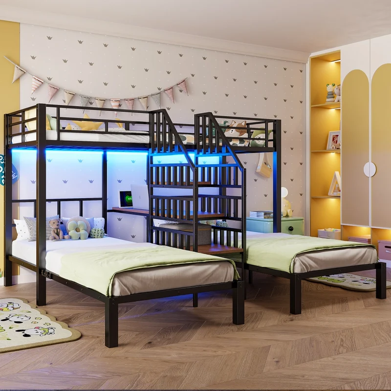 Letto a castello triplo 90x200 cm con scrivania integrata; LED; scala contenitore e struttura nera