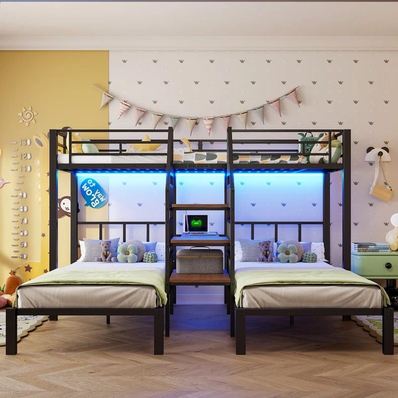 Letto a castello triplo 90x200 cm con scrivania integrata; LED; scala contenitore e struttura nera