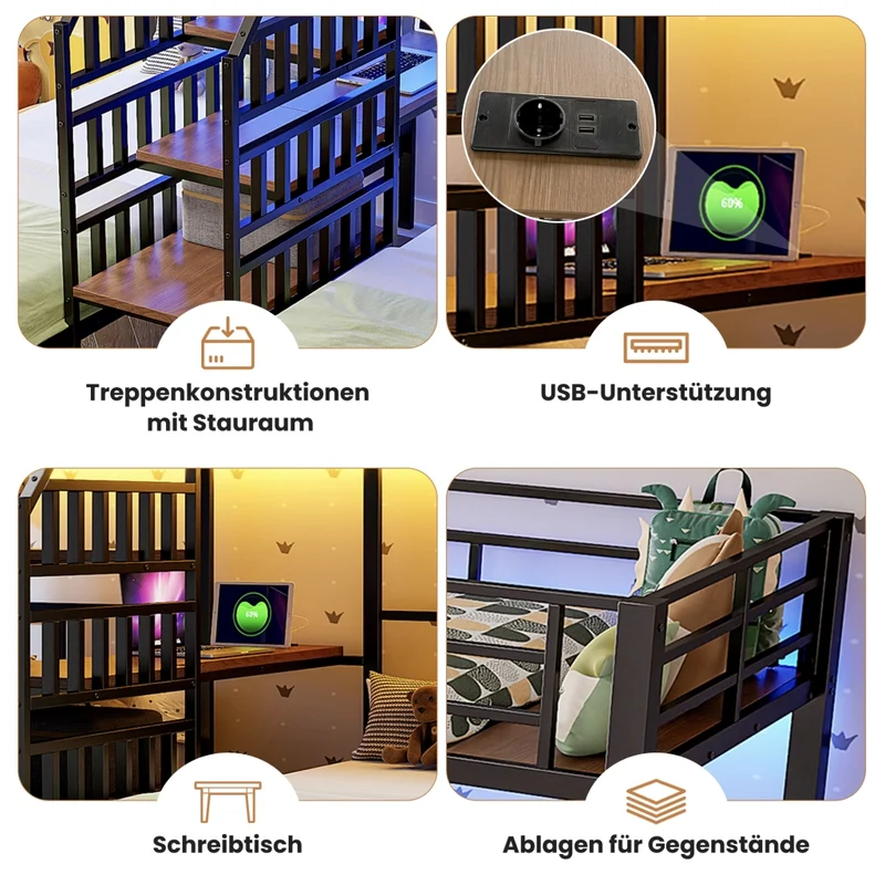 Letto a castello triplo 90x200 cm con scrivania integrata; LED; scala contenitore e struttura nera