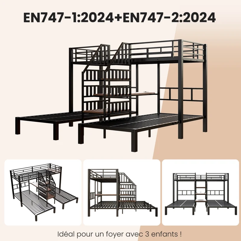 Letto a castello triplo 90x200 cm con scrivania integrata; LED; scala contenitore e struttura nera