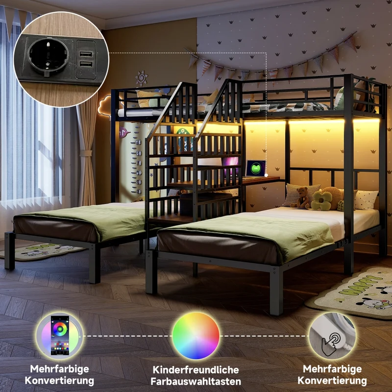 Letto a castello triplo 90x200 cm con scrivania integrata; LED; scala contenitore e struttura nera