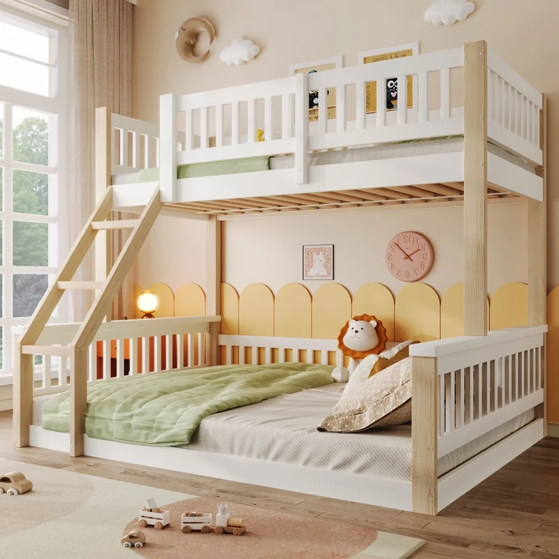 Letto a castello 90x200 e 140x200 con scala e sponde; pino; bianco e legno naturale