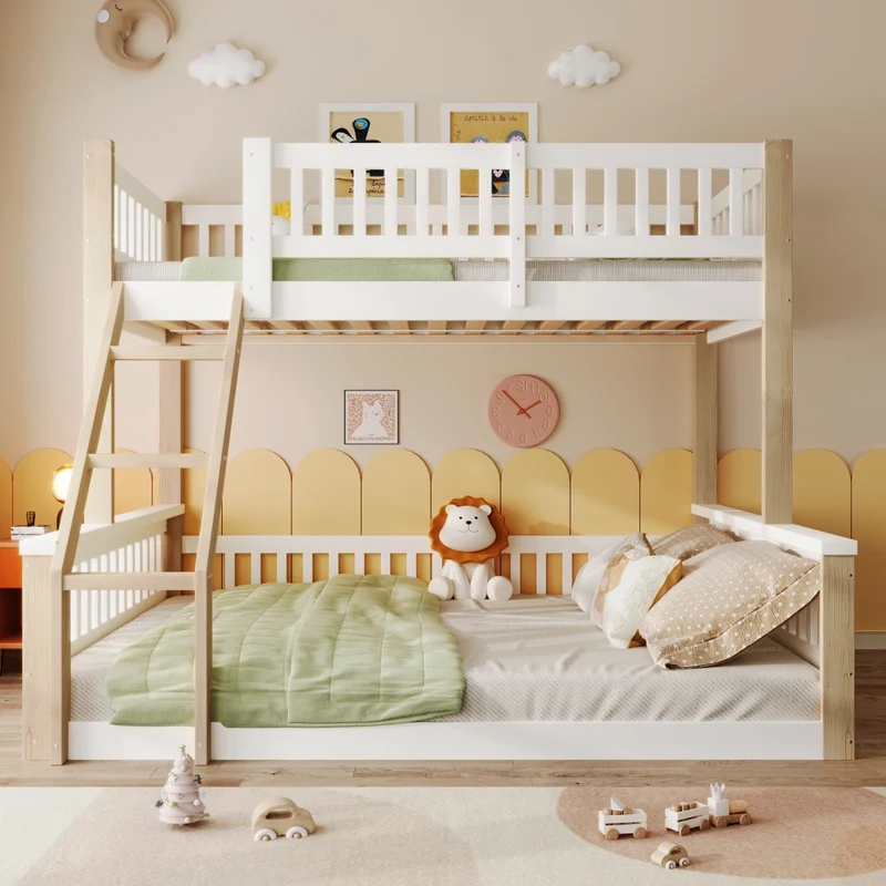 Letto a castello 90x200 e 140x200 con scala e sponde; pino; bianco e legno naturale