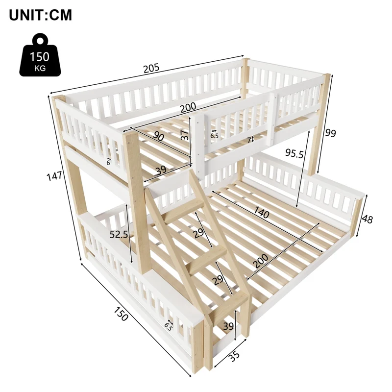Letto a castello 90x200 e 140x200 con scala e sponde; pino; bianco e legno naturale