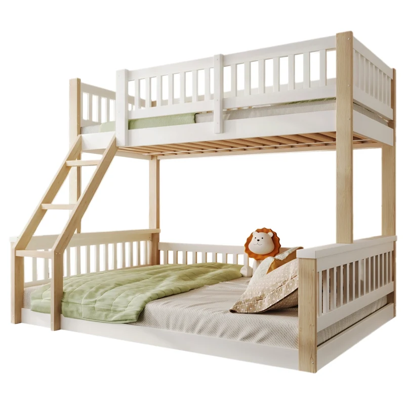 Letto a castello 90x200 e 140x200 con scala e sponde; pino; bianco e legno naturale