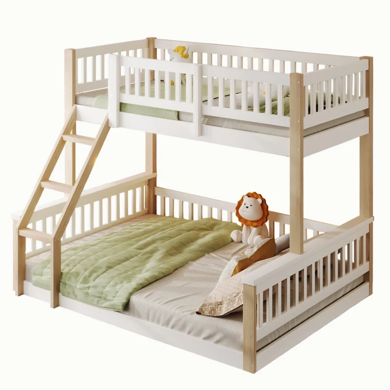 Letto a castello 90x200 e 140x200 con scala e sponde; pino; bianco e legno naturale