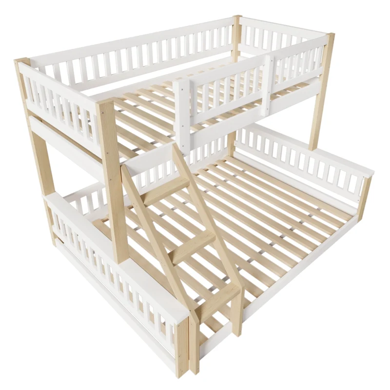Letto a castello 90x200 e 140x200 con scala e sponde; pino; bianco e legno naturale