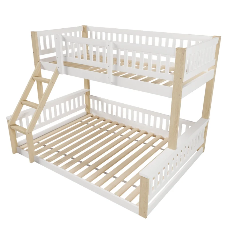 Letto a castello 90x200 e 140x200 con scala e sponde; pino; bianco e legno naturale