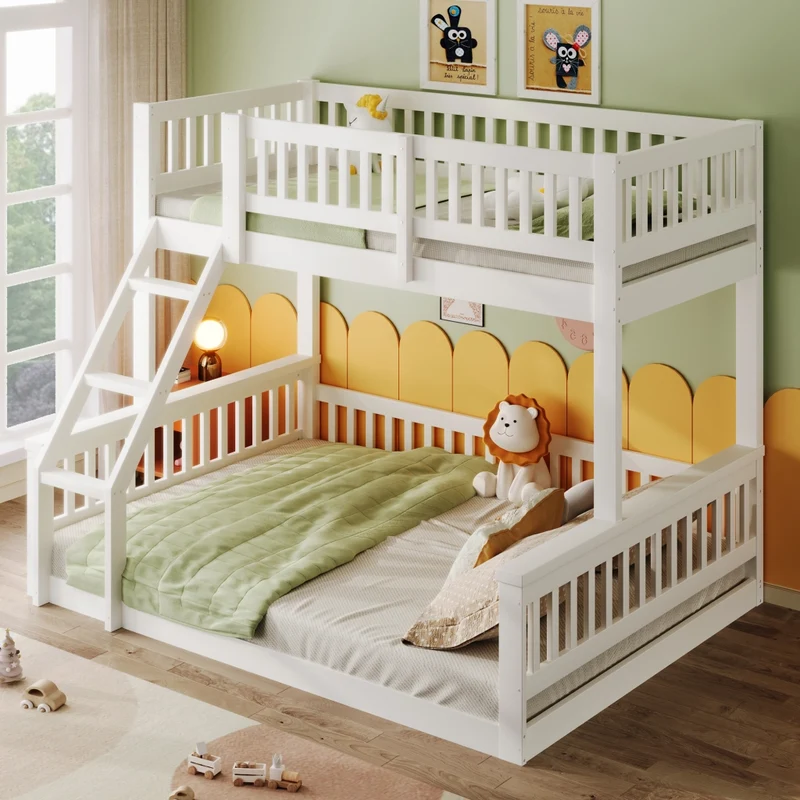 Letto a castello 90x200 e 140x200 cm in legno di pino; con scala e sponde; bianco