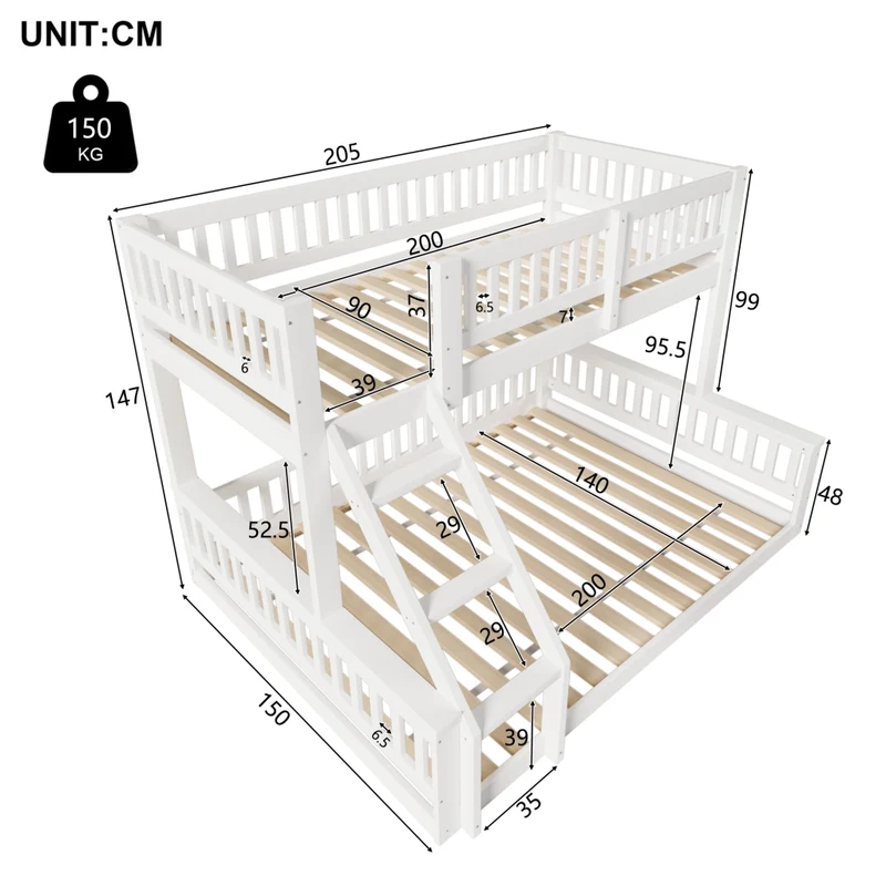 Letto a castello 90x200 e 140x200 cm in legno di pino; con scala e sponde; bianco