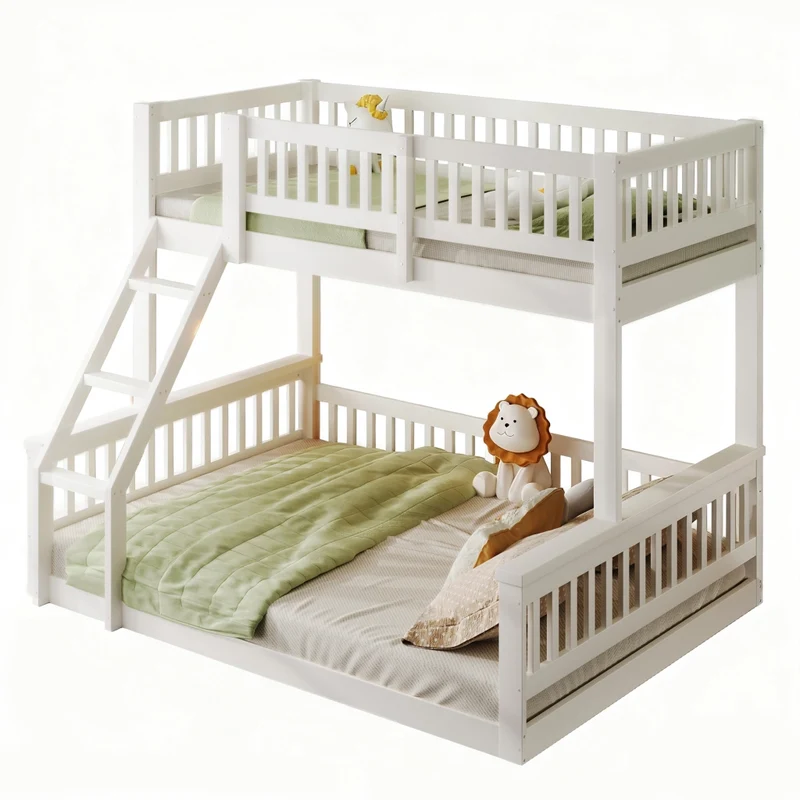 Letto a castello 90x200 e 140x200 cm in legno di pino; con scala e sponde; bianco
