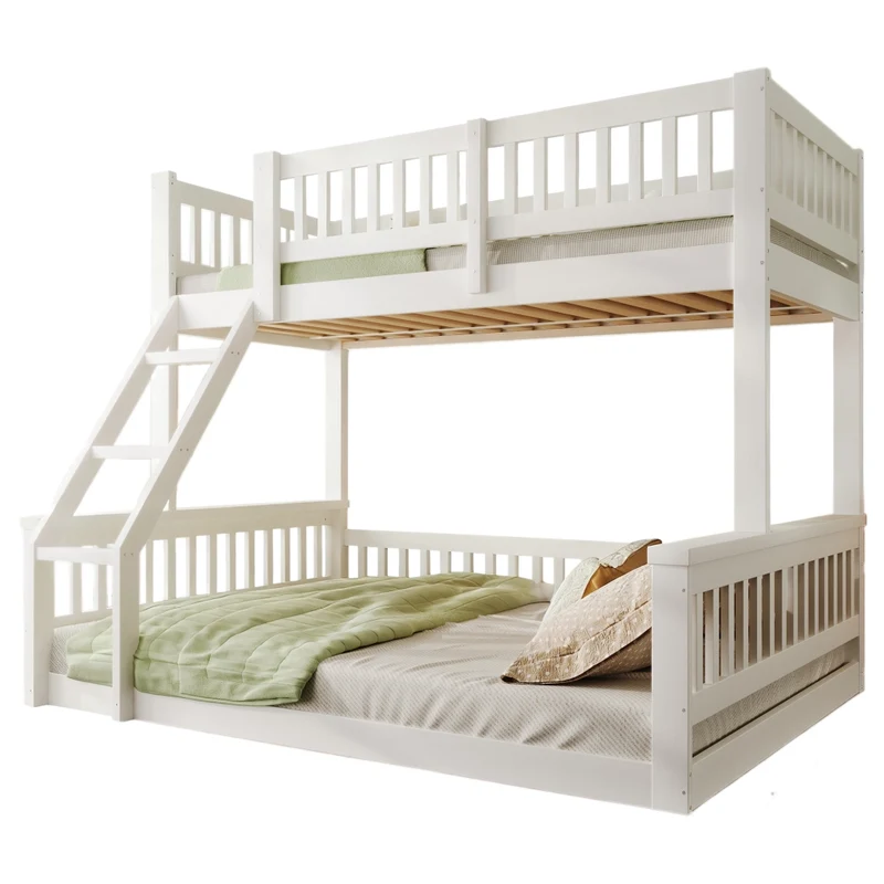 Letto a castello 90x200 e 140x200 cm in legno di pino; con scala e sponde; bianco
