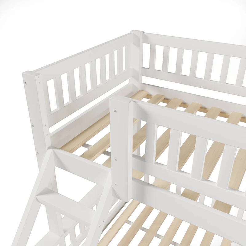 Letto a castello 90x200 e 140x200 cm in legno di pino; con scala e sponde; bianco