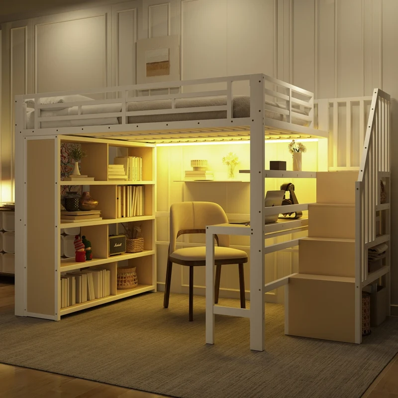 Letto a soppalco 140x200 cm con scrivania e scala contenitore; struttura in metallo e MDF; bianco