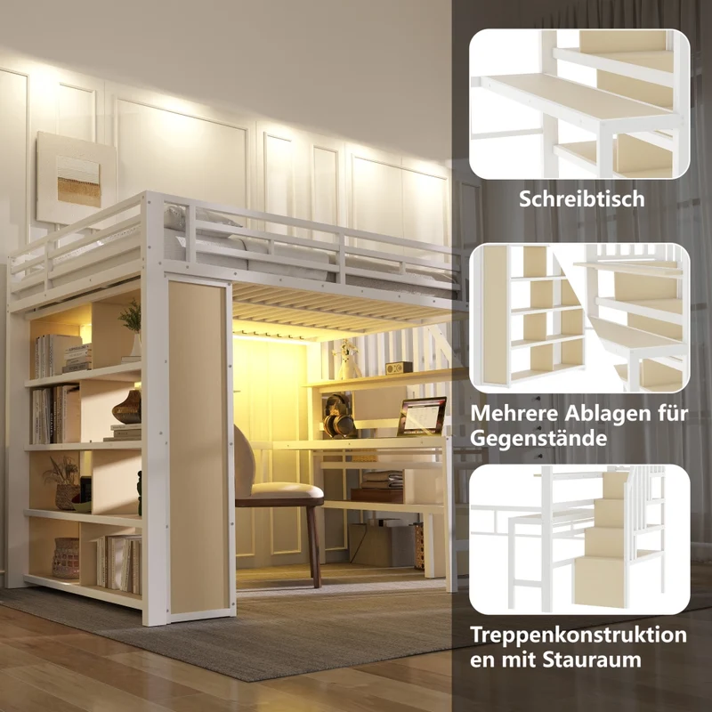 Letto a soppalco 140x200 cm con scrivania e scala contenitore; struttura in metallo e MDF; bianco