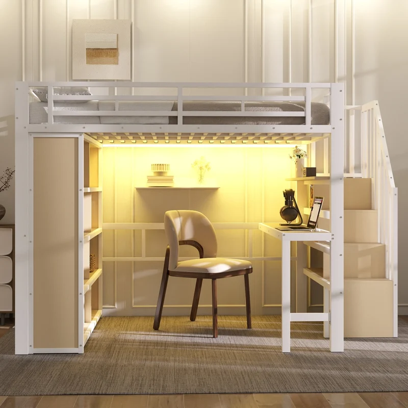 Letto a soppalco 140x200 cm con scrivania e scala contenitore; struttura in metallo e MDF; bianco