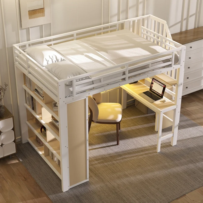 Letto a soppalco 140x200 cm con scrivania e scala contenitore; struttura in metallo e MDF; bianco