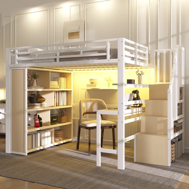 Letto a soppalco 140x200 cm con scrivania e scala contenitore; struttura in metallo e MDF; bianco