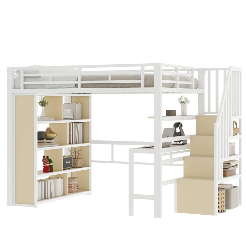 Letto a soppalco 140x200 cm con scrivania e scala contenitore; struttura in metallo e MDF; bianco