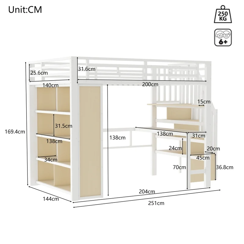 Letto a soppalco 140x200 cm con scrivania e scala contenitore; struttura in metallo e MDF; bianco