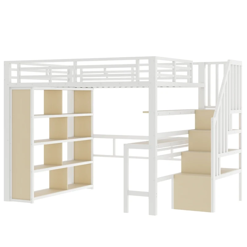 Letto a soppalco 140x200 cm con scrivania e scala contenitore; struttura in metallo e MDF; bianco