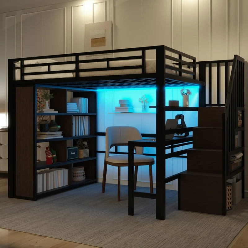 Letto a soppalco 140x200 cm con scrivania; struttura in metallo e MDF; scala contenitore; LED e scaffali; nero