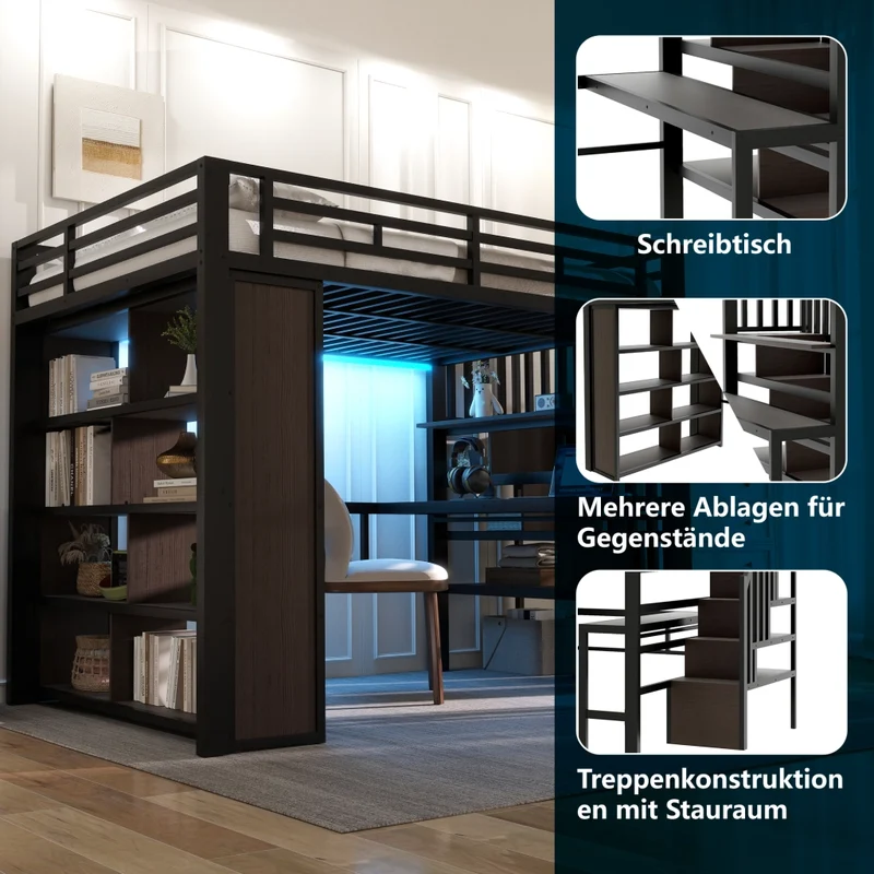 Letto a soppalco 140x200 cm con scrivania; struttura in metallo e MDF; scala contenitore; LED e scaffali; nero