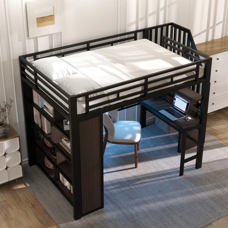 Letto a soppalco 140x200 cm con scrivania; struttura in metallo e MDF; scala contenitore; LED e scaffali; nero