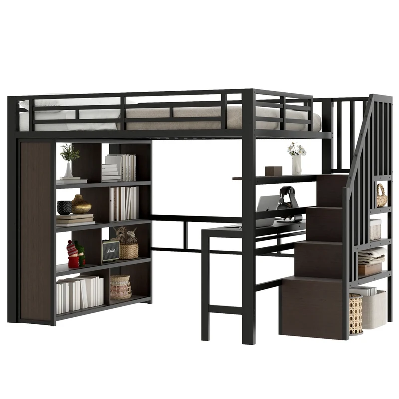 Letto a soppalco 140x200 cm con scrivania; struttura in metallo e MDF; scala contenitore; LED e scaffali; nero