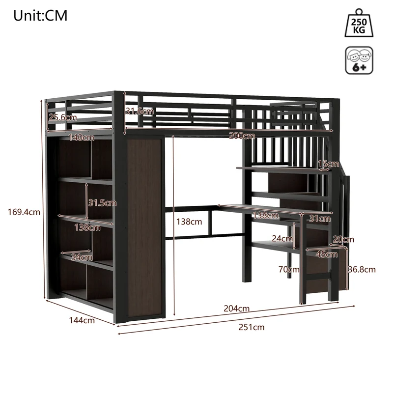 Letto a soppalco 140x200 cm con scrivania; struttura in metallo e MDF; scala contenitore; LED e scaffali; nero