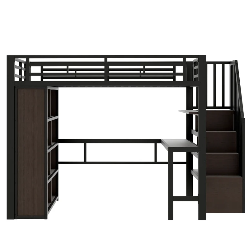 Letto a soppalco 140x200 cm con scrivania; struttura in metallo e MDF; scala contenitore; LED e scaffali; nero