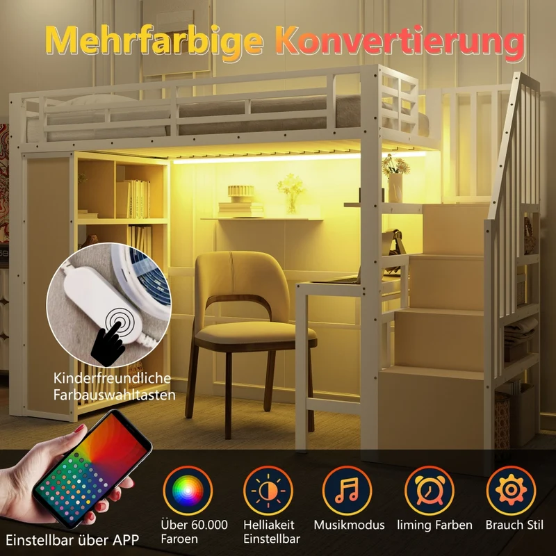 Letto a soppalco 90x200 cm con scrivania; struttura in metallo e MDF; scala contenitore e LED; bianco