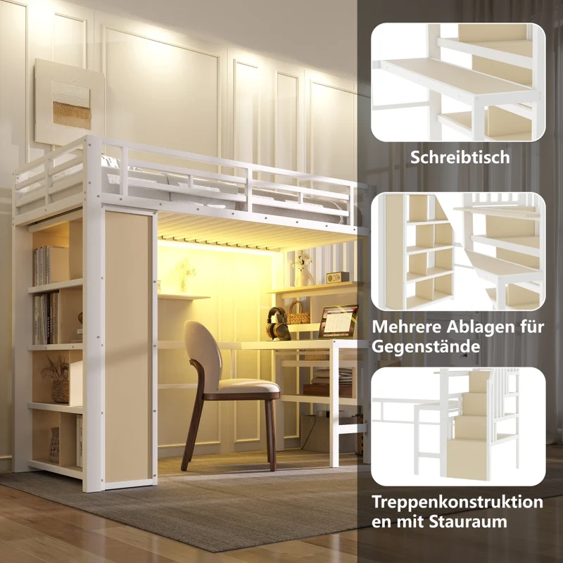 Letto a soppalco 90x200 cm con scrivania; struttura in metallo e MDF; scala contenitore e LED; bianco