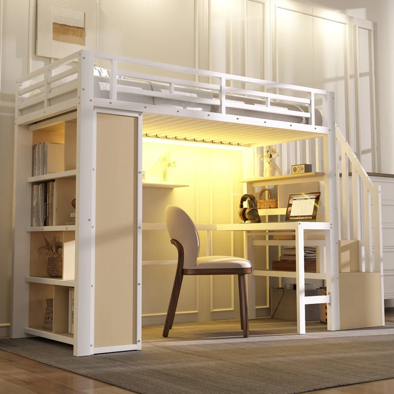Letto a soppalco 90x200 cm con scrivania; struttura in metallo e MDF; scala contenitore e LED; bianco