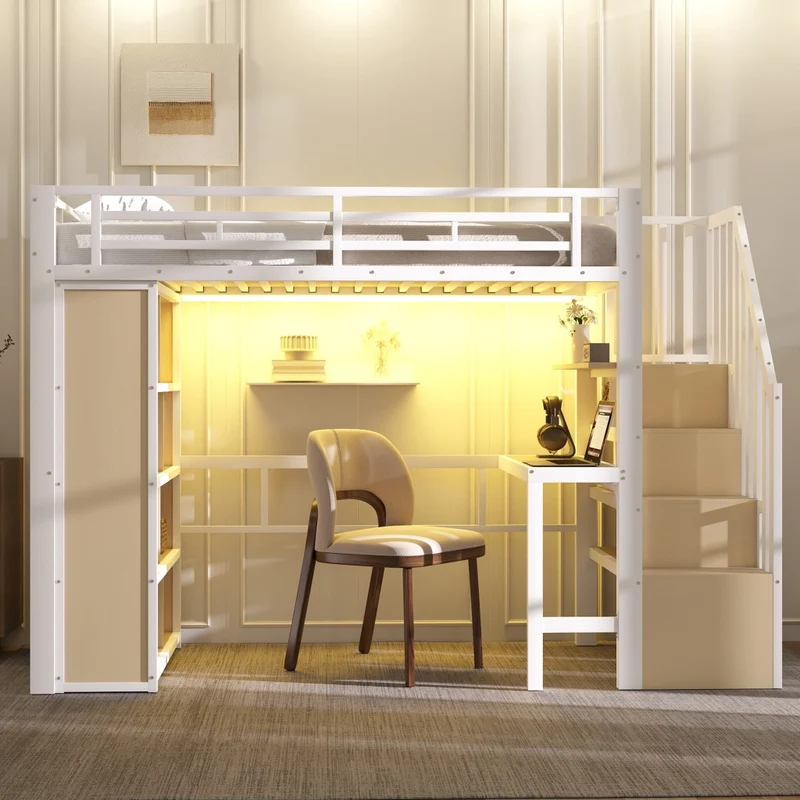 Letto a soppalco 90x200 cm con scrivania; struttura in metallo e MDF; scala contenitore e LED; bianco