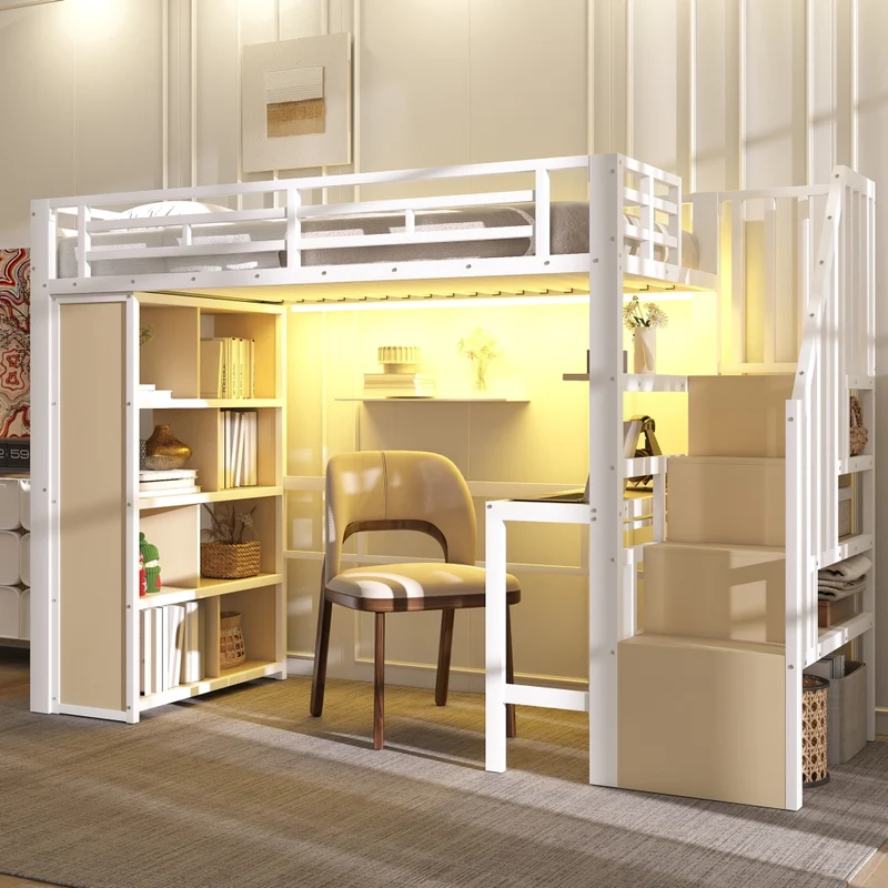 Letto a soppalco 90x200 cm con scrivania; struttura in metallo e MDF; scala contenitore e LED; bianco