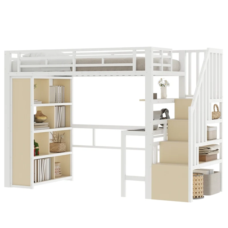 Letto a soppalco 90x200 cm con scrivania; struttura in metallo e MDF; scala contenitore e LED; bianco