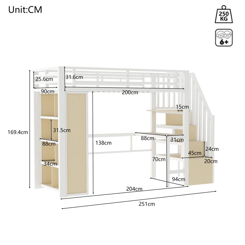 Letto a soppalco 90x200 cm con scrivania; struttura in metallo e MDF; scala contenitore e LED; bianco