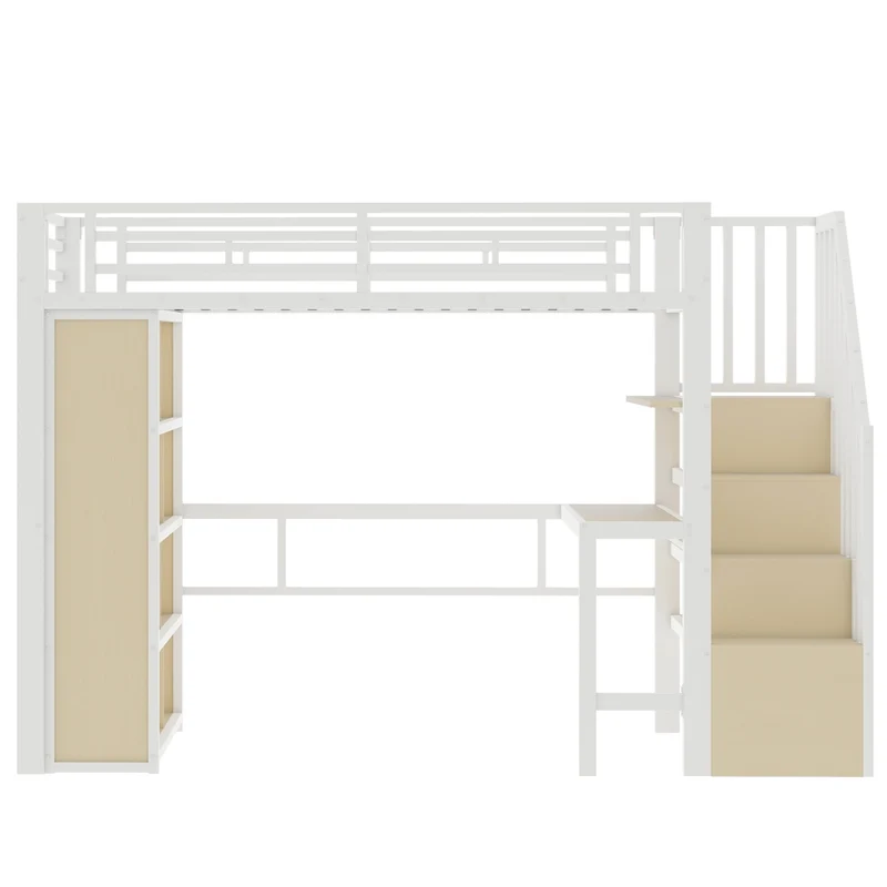 Letto a soppalco 90x200 cm con scrivania; struttura in metallo e MDF; scala contenitore e LED; bianco