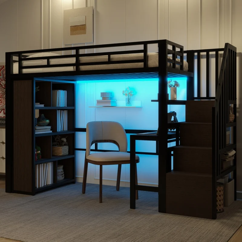 Letto a soppalco 90 x 200 cm con scrivania; scala contenitore e LED; struttura in metallo e MDF nera