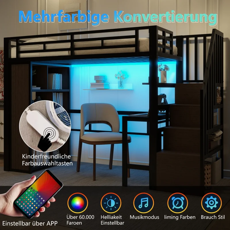 Letto a soppalco 90 x 200 cm con scrivania; scala contenitore e LED; struttura in metallo e MDF nera