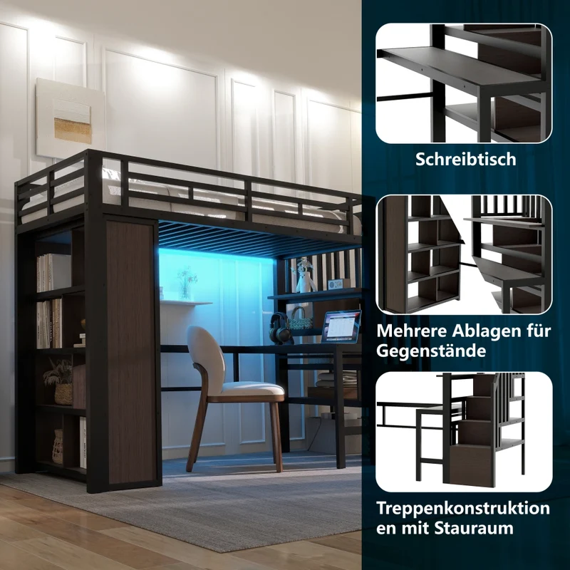 Letto a soppalco 90 x 200 cm con scrivania; scala contenitore e LED; struttura in metallo e MDF nera