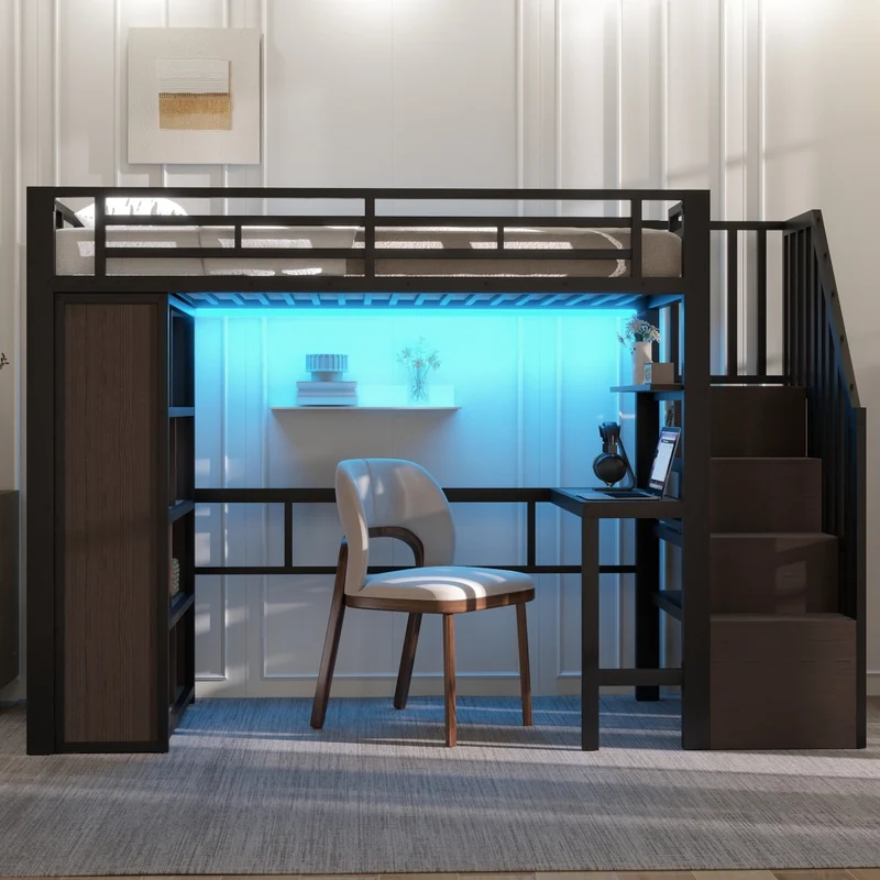 Letto a soppalco 90 x 200 cm con scrivania; scala contenitore e LED; struttura in metallo e MDF nera