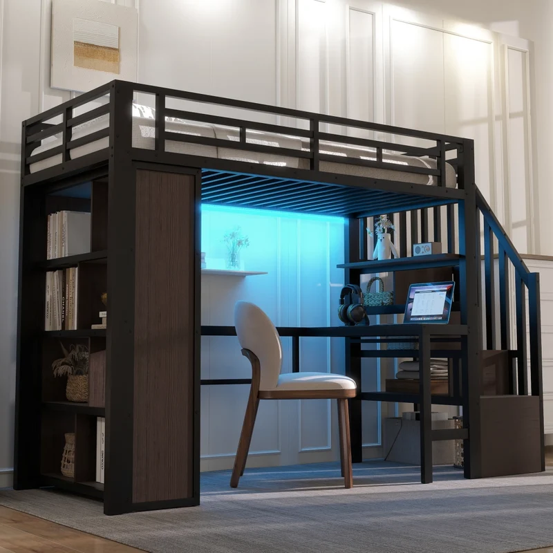 Letto a soppalco 90 x 200 cm con scrivania; scala contenitore e LED; struttura in metallo e MDF nera