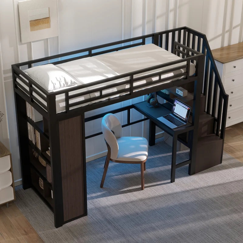 Letto a soppalco 90 x 200 cm con scrivania; scala contenitore e LED; struttura in metallo e MDF nera