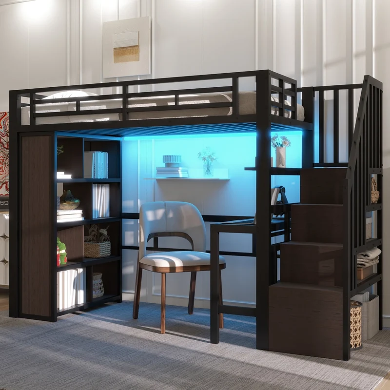 Letto a soppalco 90 x 200 cm con scrivania; scala contenitore e LED; struttura in metallo e MDF nera