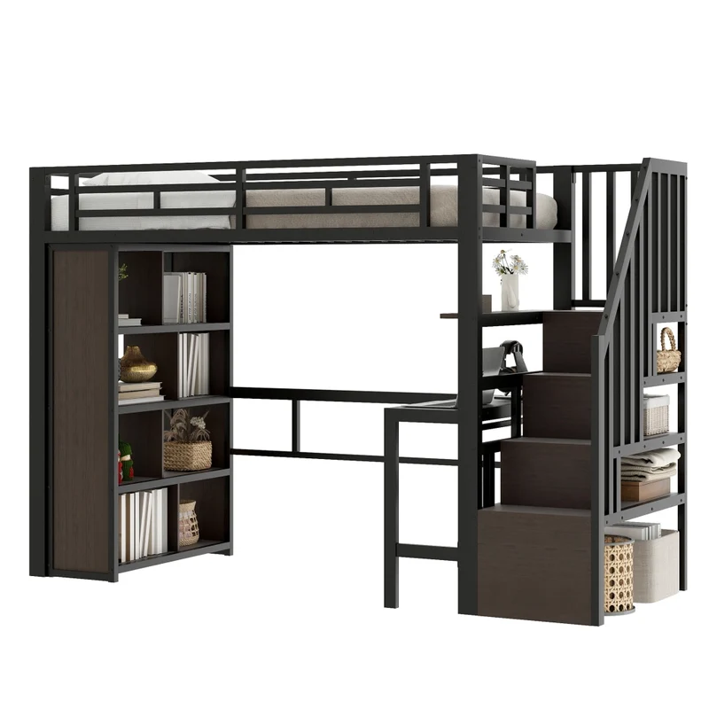Letto a soppalco 90 x 200 cm con scrivania; scala contenitore e LED; struttura in metallo e MDF nera