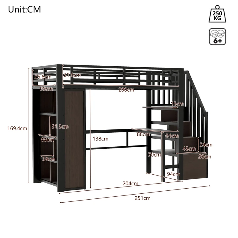 Letto a soppalco 90 x 200 cm con scrivania; scala contenitore e LED; struttura in metallo e MDF nera